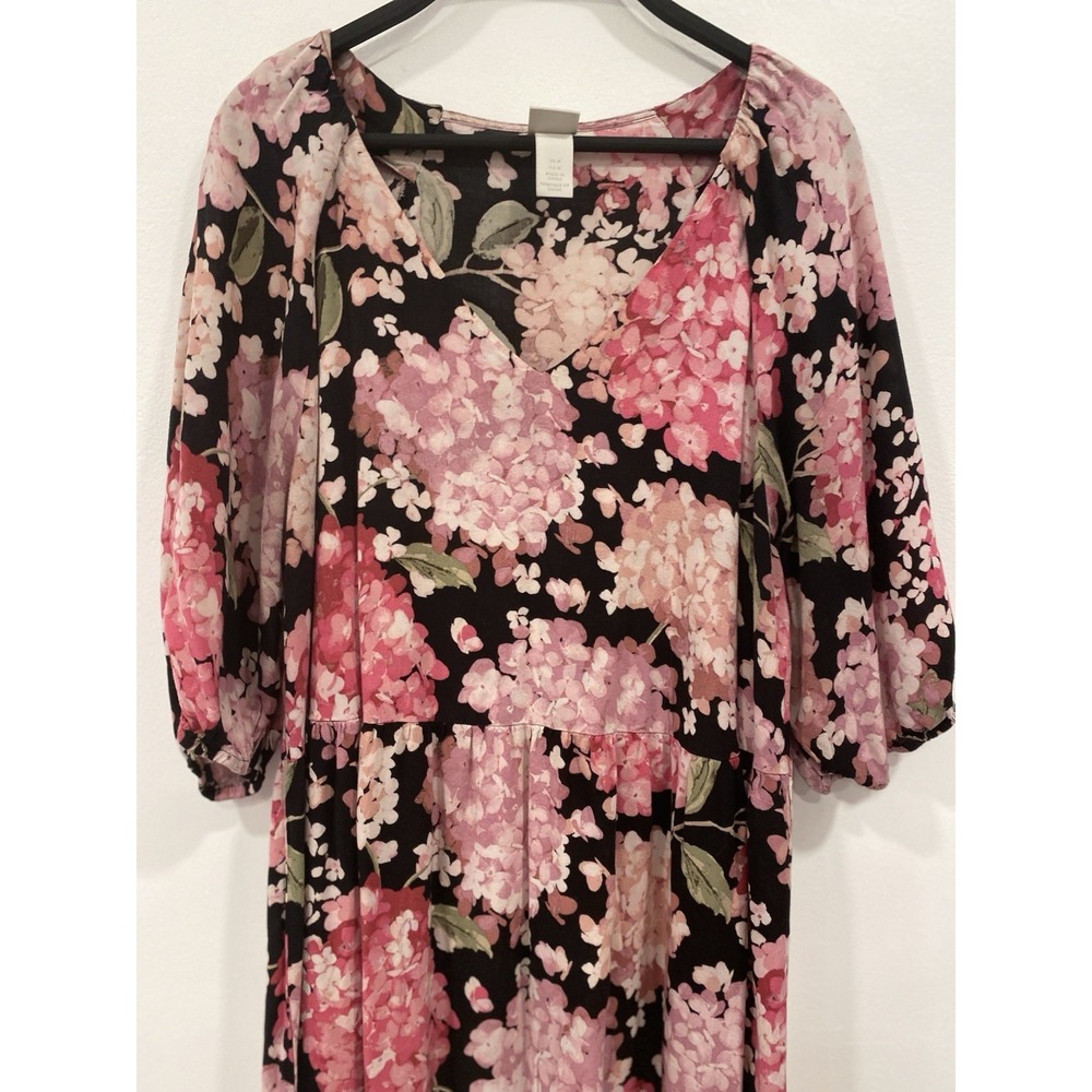 H&M maxi dress black and pink hydrangea floral print Cottagecore size medium - Picture 10 of 16
